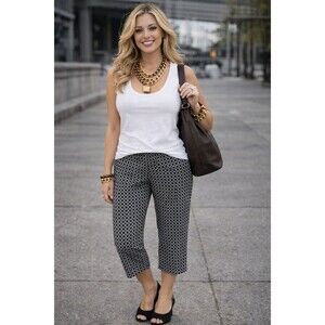 New Hilary Radley Capri Cropped Pants Size 14 Black White Geo Print Slim Leg